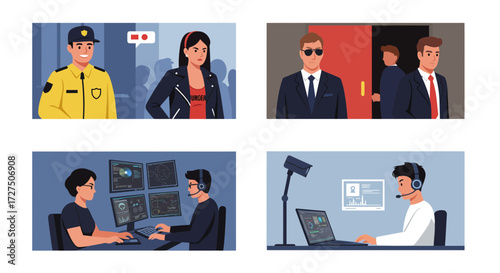 Four panels illustrating security roles guard interaction bodyguards control room monitoring and surveillance operator
