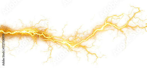 Yellow electric lightning bolt, abstract energy streak graphic. Isolated on transparent background.

