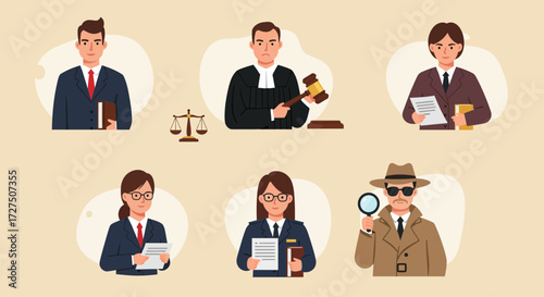 Six cartoon depictions of legal and investigative professionals including lawyers a judge and a detective
