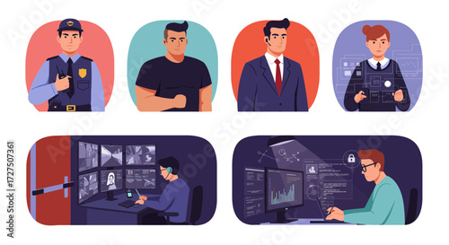 Security personnel illustrations guard bouncer agent operator and coder in vignettes