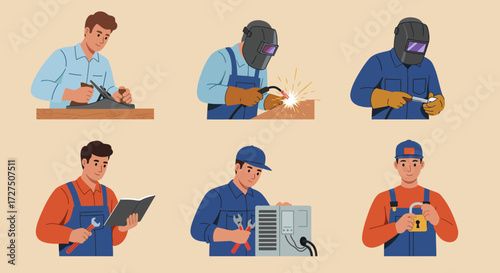 Six illustrations of male laborers engaged in different manual trades