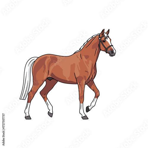 Elegant Chestnut Horse with White Mane and Tail in Motion.