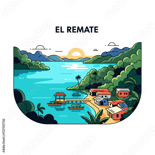Vibrant vector illustration of a tropical lakeside village with houses pier boats and lush green hills under a setting sun.