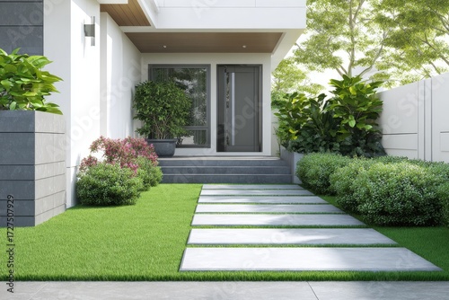 Modern home exterior with landscaped front yard (2)