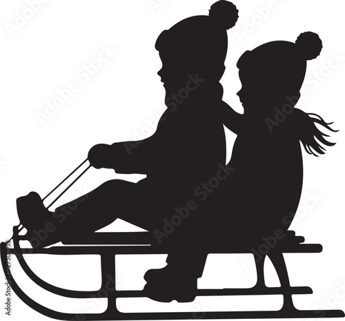 PrintWinter sled silhouette, children play, snow activity, outdoor fun, seasonal joy, black outline, childhood moment, cold weather, companionship, motion