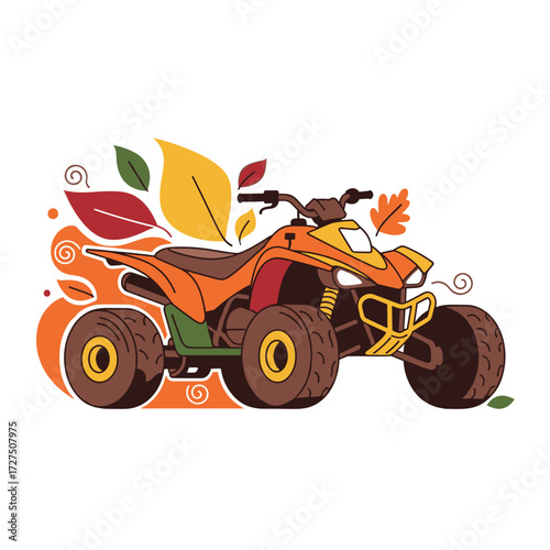 Stylized Orange ATV Illustration with Brown Wheels and Autumnal Leaves.