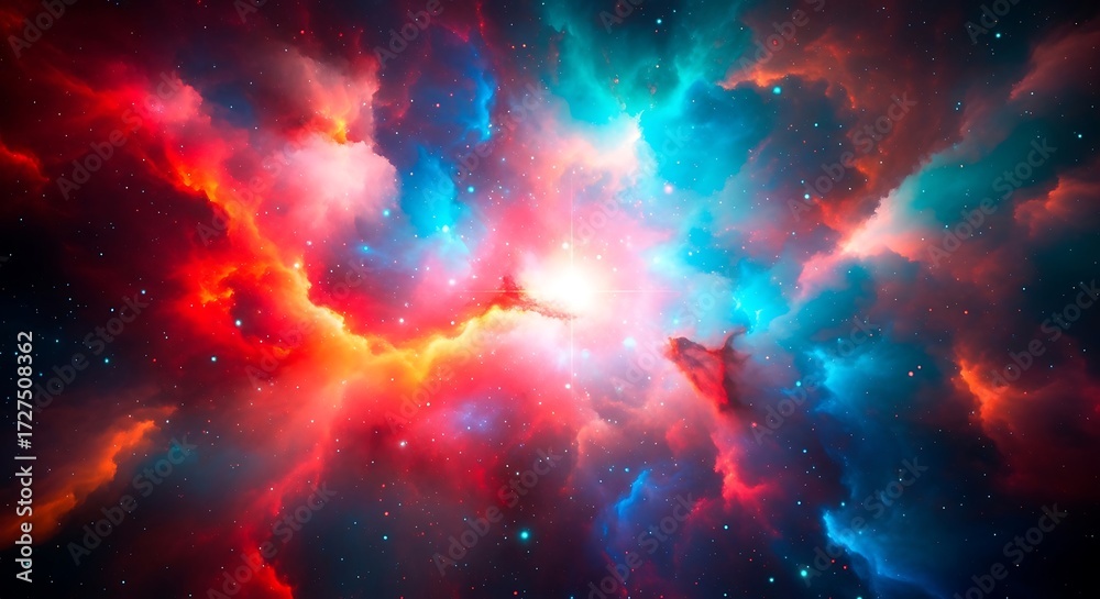 Naklejka premium Vibrant cosmic nebula with swirling colors of red blue and yellow