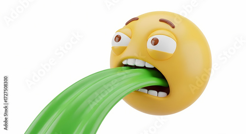 A yellow emoji with wide eyes and open mouth vomiting a stream of green liquid on a white background