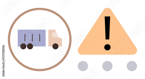 Delivery truck next to a triangular warning sign with an exclamation mark. Ideal for logistics, road safety, transportation risk, cargo management, supply chain, freight, accident prevention. Simple