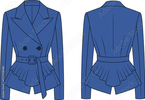 Elegant women’s belted blazer with pleated peplum hem, double-breasted closure, flat sketch fashion design, CAD vector illustration
