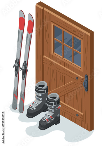 Ski boots, black with grey inserts and adjustable buckles, near a light wood door with rectangular glass, and skis with clamps nearby.