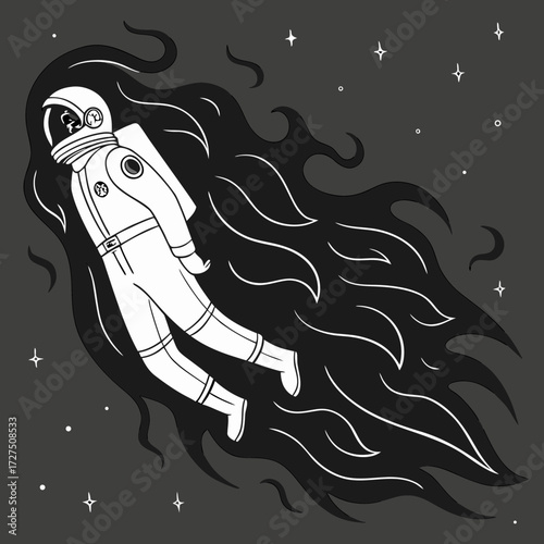 An astronaut in a stylized white spacesuit drifts through the cosmos, surrounded by a dark, flowing nebula and distant stars