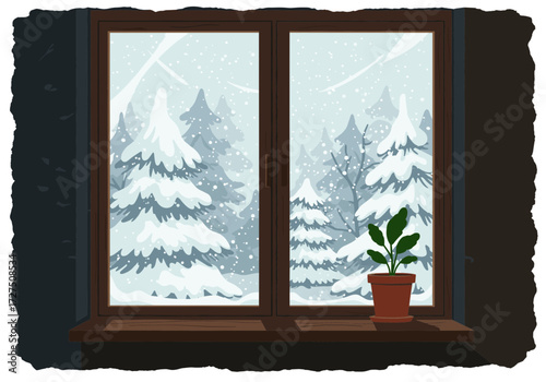 Snowy view outside the window, snowflakes falling at an angle, fir trees in the snow, wooden frame and terracotta pot on the windowsill