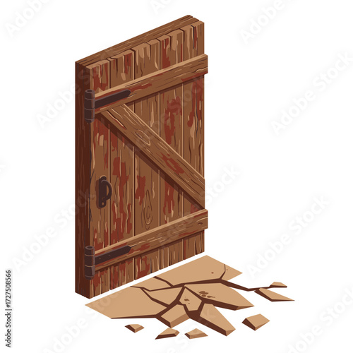 An old barn door with vertical slats, traces of old paint and two hinges, in front of it is a broken concrete slab with small fragments