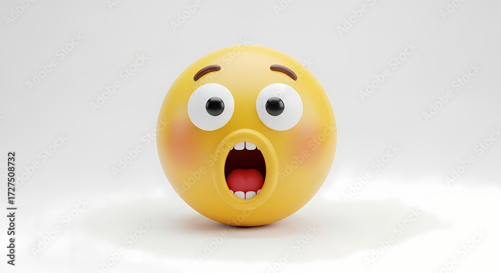 Fototapeta premium A surprised yellow emoji with wide eyes and open mouth on a white background in a rendered image