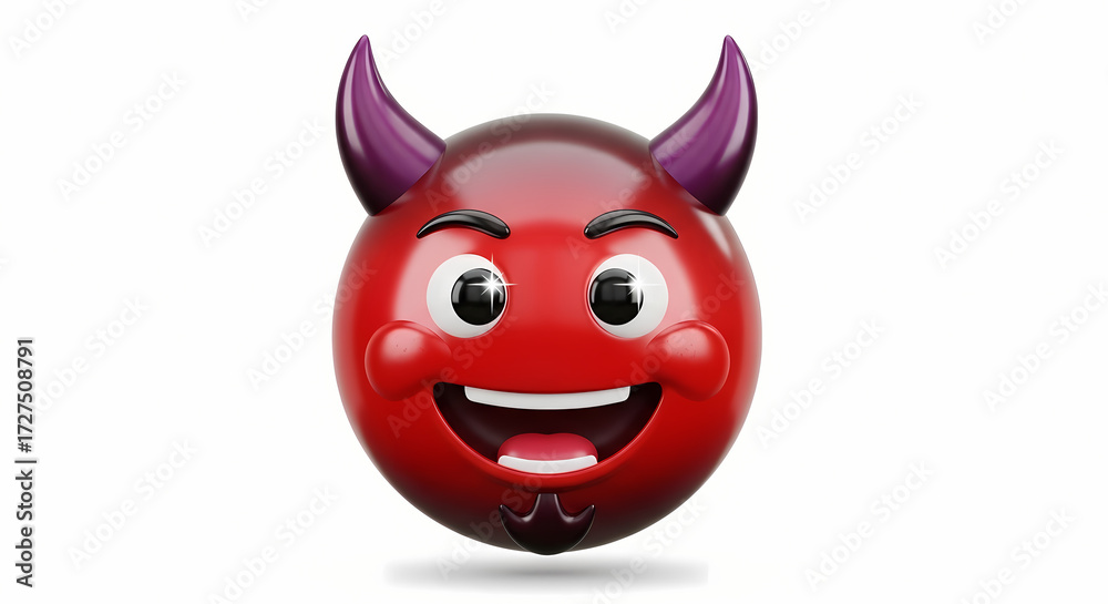 Fototapeta premium A red devil emoji with purple horns and a goatee smiling widely on a white background in a digital render