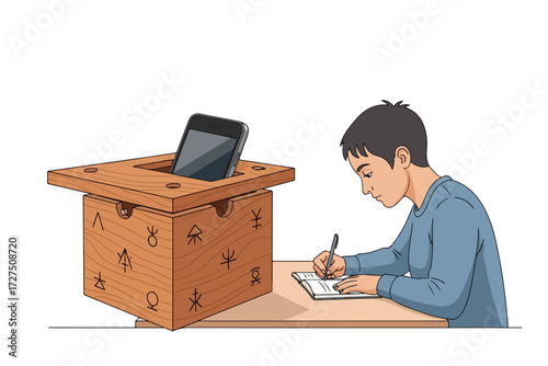 A young man sits at a desk writing on a clipboard, with a phone resting in a wooden box beside him.