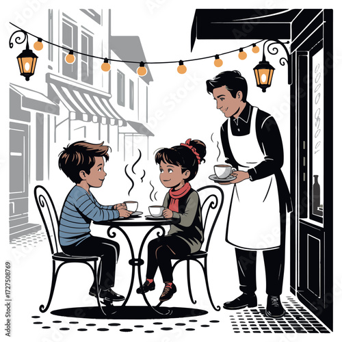 Charming illustration of a waiter serving coffee to a couple sitting at a table outside a parisian cafe on a street
