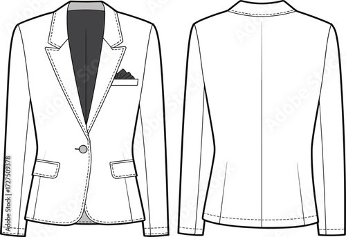 Elegant women’s blazer flat sketch, vector fashion illustration, front and back view, CAD technical drawing for garment design template