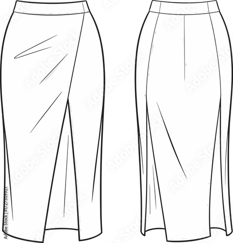 Elegant long pencil skirt with front slit, high waist, minimal seam lines, professional wear, CAD drawing, flat vector illustration