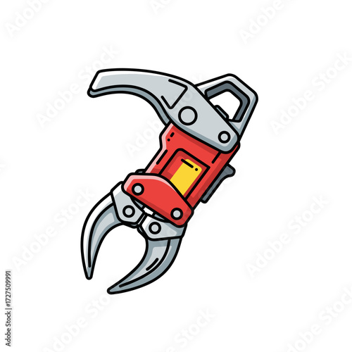 Red and silver hydraulic rescue tool Jaws of Life with powerful pincer jaws in a bold cartoon vector style.