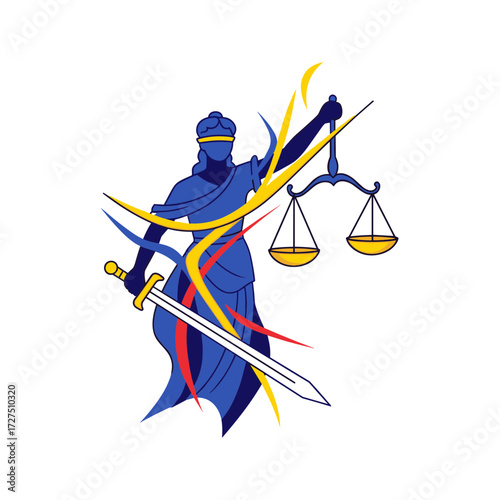 Stylized blue Lady Justice illustration with scales sword and dynamic colorful ribbons.