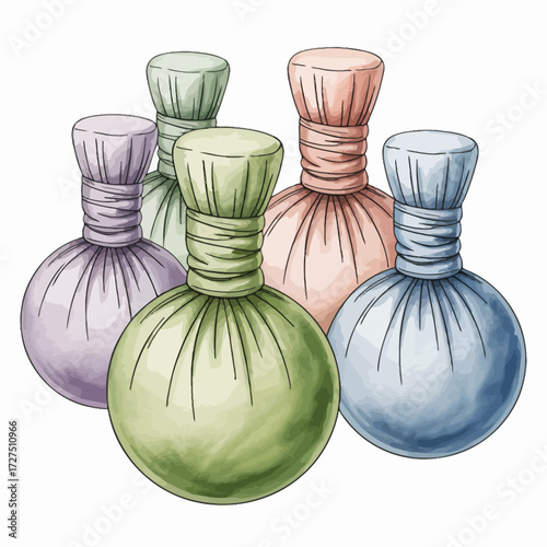 Watercolor Illustration of Colorful Herbal Poultice Balls for Spa and Wellness Treatments in Natural Pastel Tones