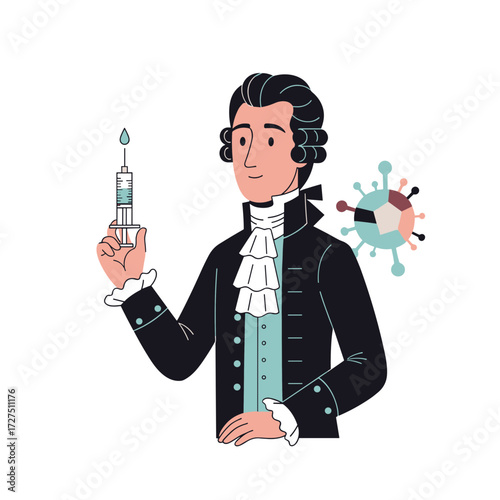 Historical Figure Holding Syringe with Virus Illustration.