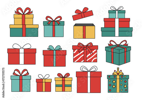 Collection of colorful gift boxes with ribbons and bows.