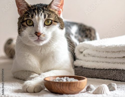 Relaxing cat spa day, cozy indoor close-up