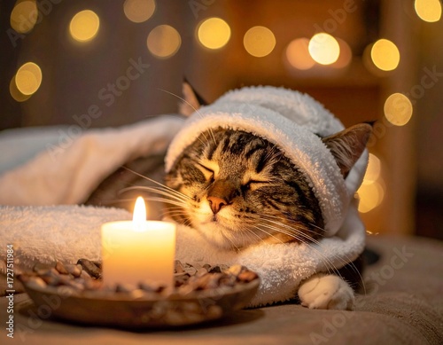 relaxing cat with a candle