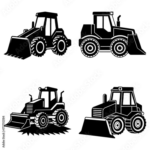 Illustration of four black silhouette front end loaders in varying cartoon styles on a white background