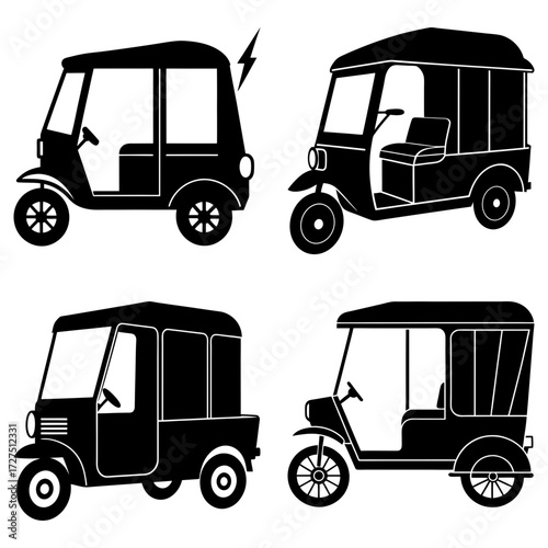 Collection of black and white vector illustrations depicting various auto rickshaw designs and styles