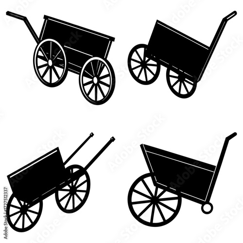 Four black and white illustrations of vintage style wheelbarrows with spoked wheels and handles shown