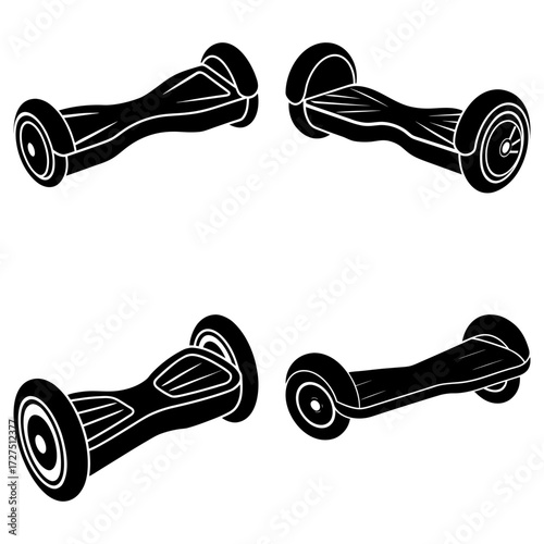 Four black hoverboards arranged in a square formation on a white background in a simple vector art style