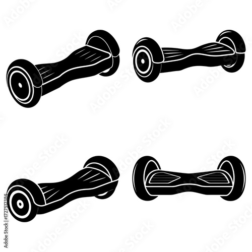 Four hoverboards depicted in black and white with varying orientations and perspectives shown clearly here