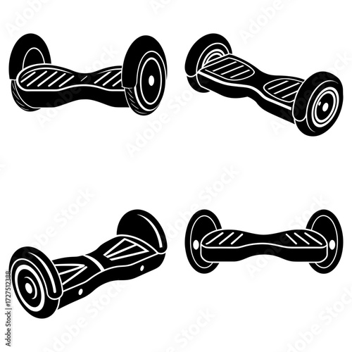 Four black and white hoverboards in various orientations on a plain white background are displayed here