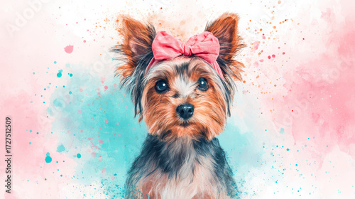 A cute, artistic portrayal of a Yorkshire Terrier with a pink bow, set against a vibrant watercolor background.