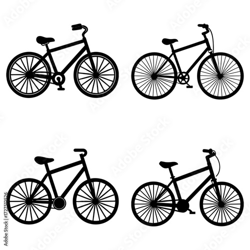 Illustration of four black silhouette bicycles with varying handlebar and frame designs on a white background