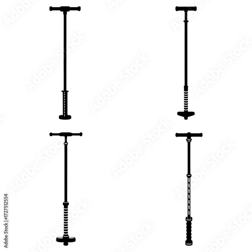 Four pogo sticks in black and white showing different styles and designs for recreational jumping equipment use