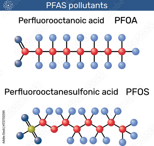 Perfluorooctanoic acid PFOA and Perfluorooctanoic acid PFOA (perfluorooctane sulfonate ) molecule. PFAS pollutant and persistent organic contaminant. Vector illustration