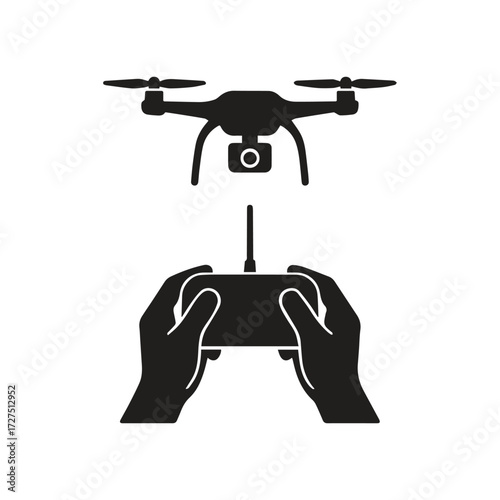 Vector silhouette icon  illustration of  a drone flying above and hands holding a remote control