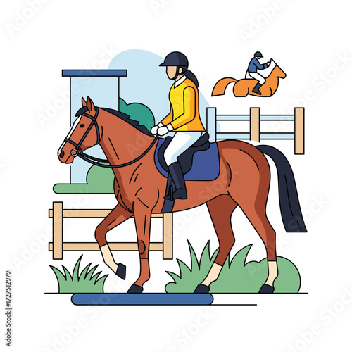 Equestrian woman in a helmet and yellow jacket riding a graceful brown horse in a show jumping arena.