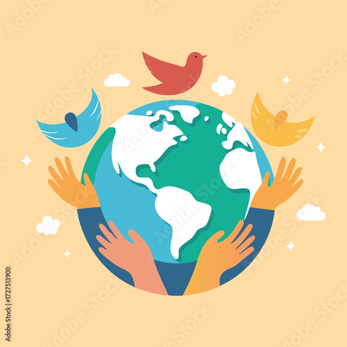 Hands gently cradle the vibrant earth with colorful doves of peace soaring above symbolizing global unity harmony and a hopeful future for all humanity