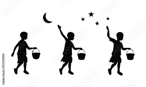Three silhouetted children with buckets reaching for the moon and stars against a white background representing dreams and imagination