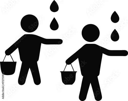 Two silhouetted figures holding buckets to catch falling raindrops illustrating the concept of water collection and resource management during precipitation events