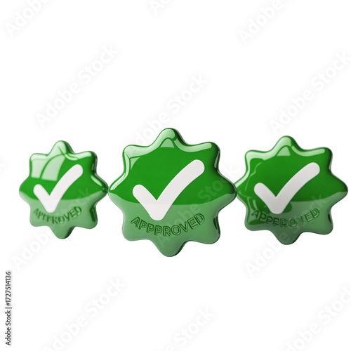 Three glossy green approved icons isolated on transparent background, symbolizing agreement, acceptance, and successful completion of a task or project