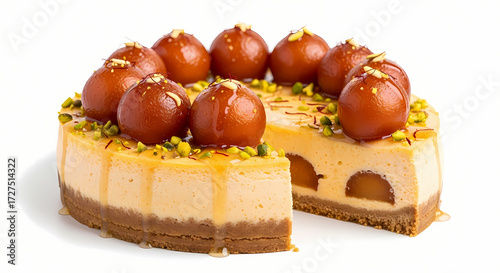 Gulab Jamun Cheesecake with Saffron Syrup in Warm Golden Lighting for Dessert Advertising