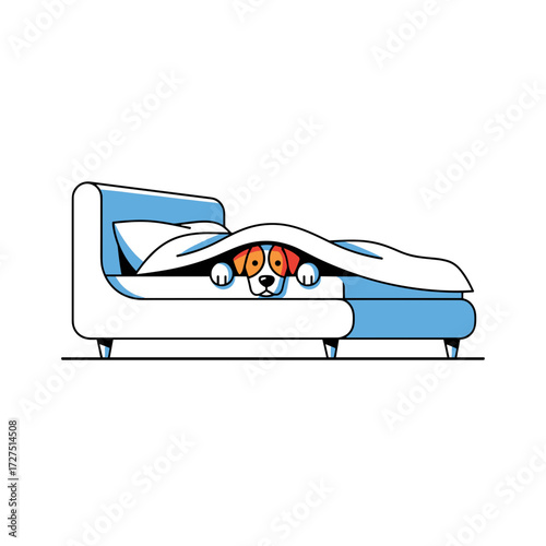 Cute cartoon dog with orange patches peeking from under a white blanket in a cozy blue bed.