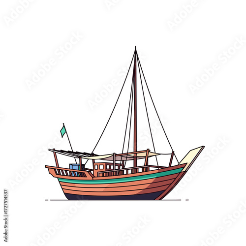 Stylized illustration of a traditional wooden dhow boat with a single mast and green stripe.